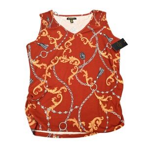 Goddess Baroque Chain Print Blouse Women's Size XL Orange Sleeveless Ruched NWT